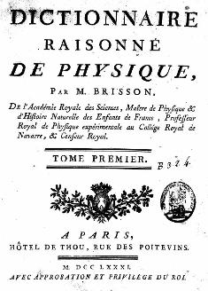 Brisson's Dictionaire Raisonne de Physique, 1781