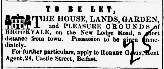 Brookvale to be let, 1849